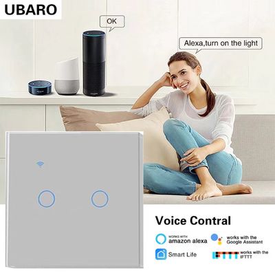 Хорошая цена. Европейский / британский стандарт 2Gang Tuya Smart Wi - Fi переключатель для Alexa Alice Voice и приложений для управления серыми стеклянными панелями Онлайн