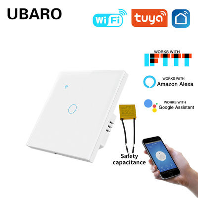 Un buen precio. 1 gang necesita condensador Tuya WIFI interruptor de luz inteligente con Panel de vidrio templado y Control remoto activado por voz En línea