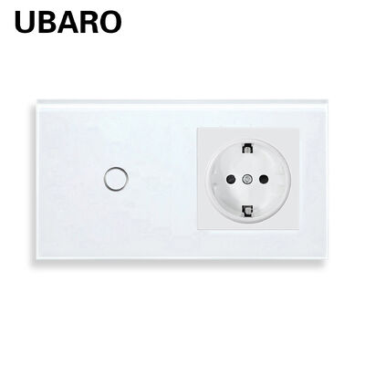 Goede prijs. 146 * 86 mm Europese standaard aanraakschakelaar en stopcontact met gehard glazen paneel voor Smart Home Online