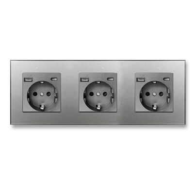 Bom preço. Tomada de parede tripla Schuko com porta USB, padrão UE de 3 gangues 16A 250V Painel cinza Tomada de energia alemã com carregador USB para casa e escritório Em linha