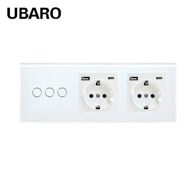 良い価格 UBARO EU 標準壁ソケット、強化ガラスパネルに 3 ギャングタッチライトスイッチと USB-A & Type-C ポート付き オンライン