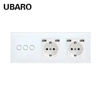 良い価格 UBARO 3 ギャングタッチライトスイッチデュアル EU Schuko ソケットと 4 USB ポートホワイト強化ガラスパネル オンライン