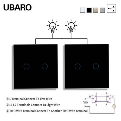 Goede prijs. 2Gang 2Way Dual Switch Zwart getemperd glas Single Live Wire Control Panel Trap en slaapkamer Switch Online