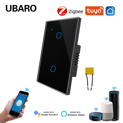 Καλή τιμή. Έξυπνος διακόπτης Zigbee 2Gang Tuya με υποστήριξη 21 γλωσσών για έλεγχο φωτός Tempered Glass Panel Live Wire Control Διαδικτυακά