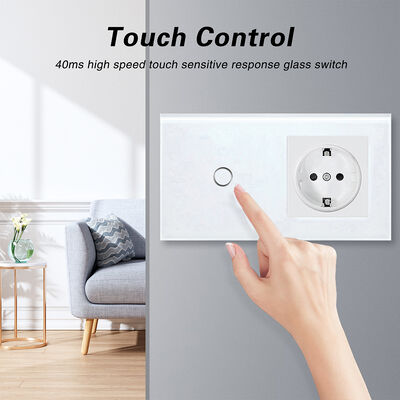 Goede prijs. 146 * 86 mm Europese standaard aanraakschakelaar en stopcontact met gehard glazen paneel voor Smart Home Enkele live-draadbediening 10A 5-300 W / bende-aansluiting 16A 3500 W Online