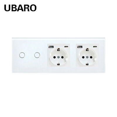 Un buen precio. UBARO Interruptor de luz táctil inteligente de 2 unidades con toma de corriente Schuko y puertos de carga USB-A y USB-C en placa de pared de vidrio templado En línea