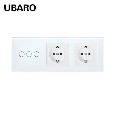 good price UBARO 3 Gang Touch Light Switch with Dual EU Schuko Socket and White Tempered Glass Panel Wall Outlet 16A AC 110-240V online