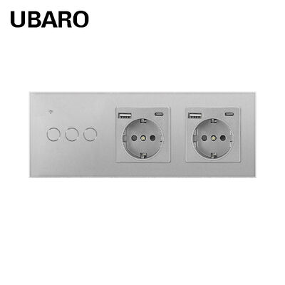 Un bon prix. UBARO Zigbee Smart Panel : interrupteur tactile 3 gangs + 2 prises UE avec USB et Type-C, verre trempé argenté En ligne